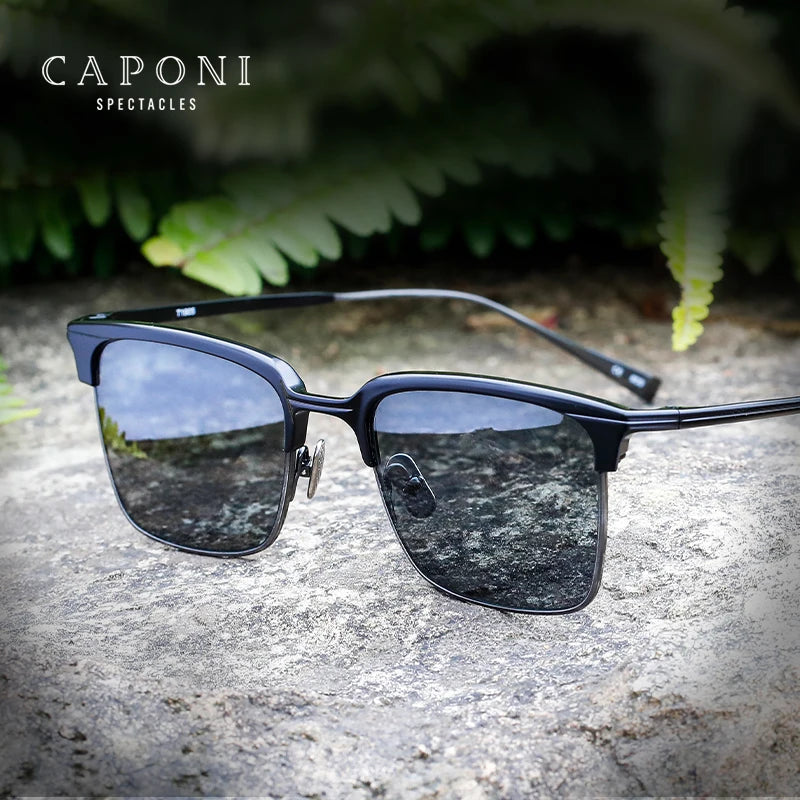 CAPONI Polarized Sunglasses For Men Fashion Pure Ttanium Eyewear Retro Trendy Brand Design Sun Glasses for Driving Shades BS1905