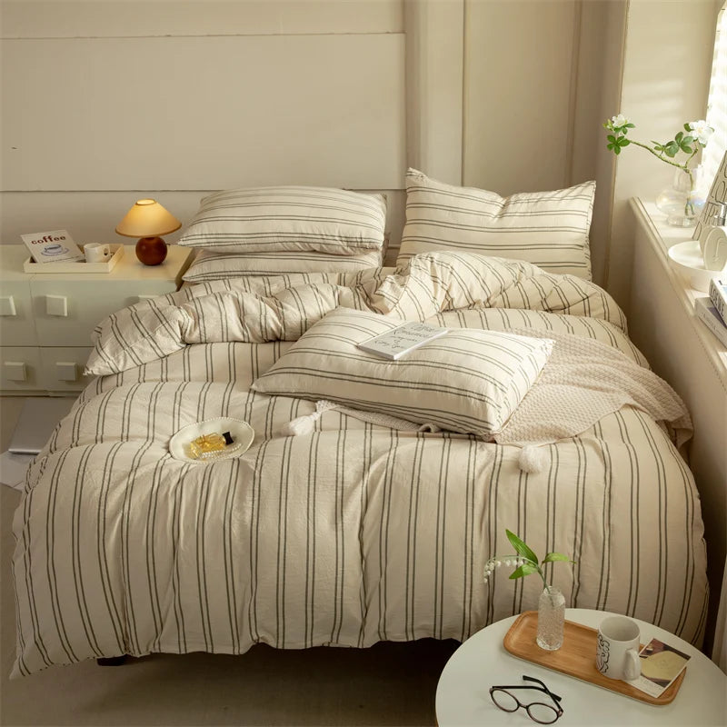 Striped Duvet Cover Set Queen 100% Washed Cotton Bedding Set, Luxury Soft Pink Vertical Ticking Stripes Comforter Cover, (3pcs)