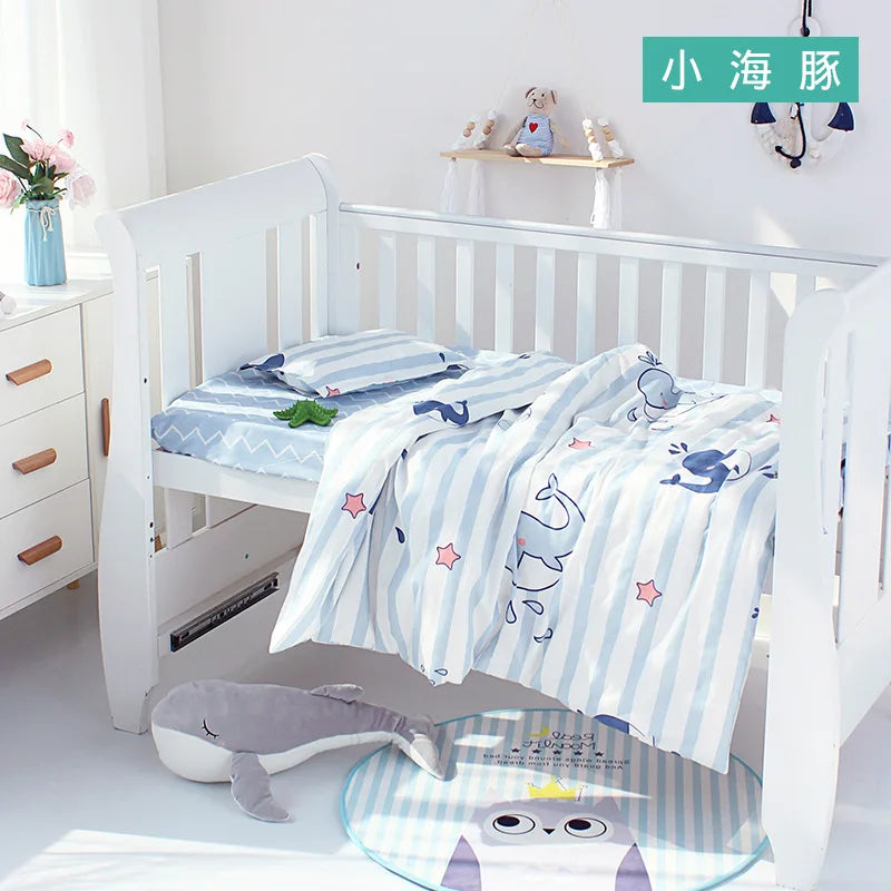 3Pcs Set Newborn Baby Cot Sheet Duvet Cover Case Pillowcase Cotton Cartoon Print Crib Flat Bed Sheet Infant Toddlers Beddings