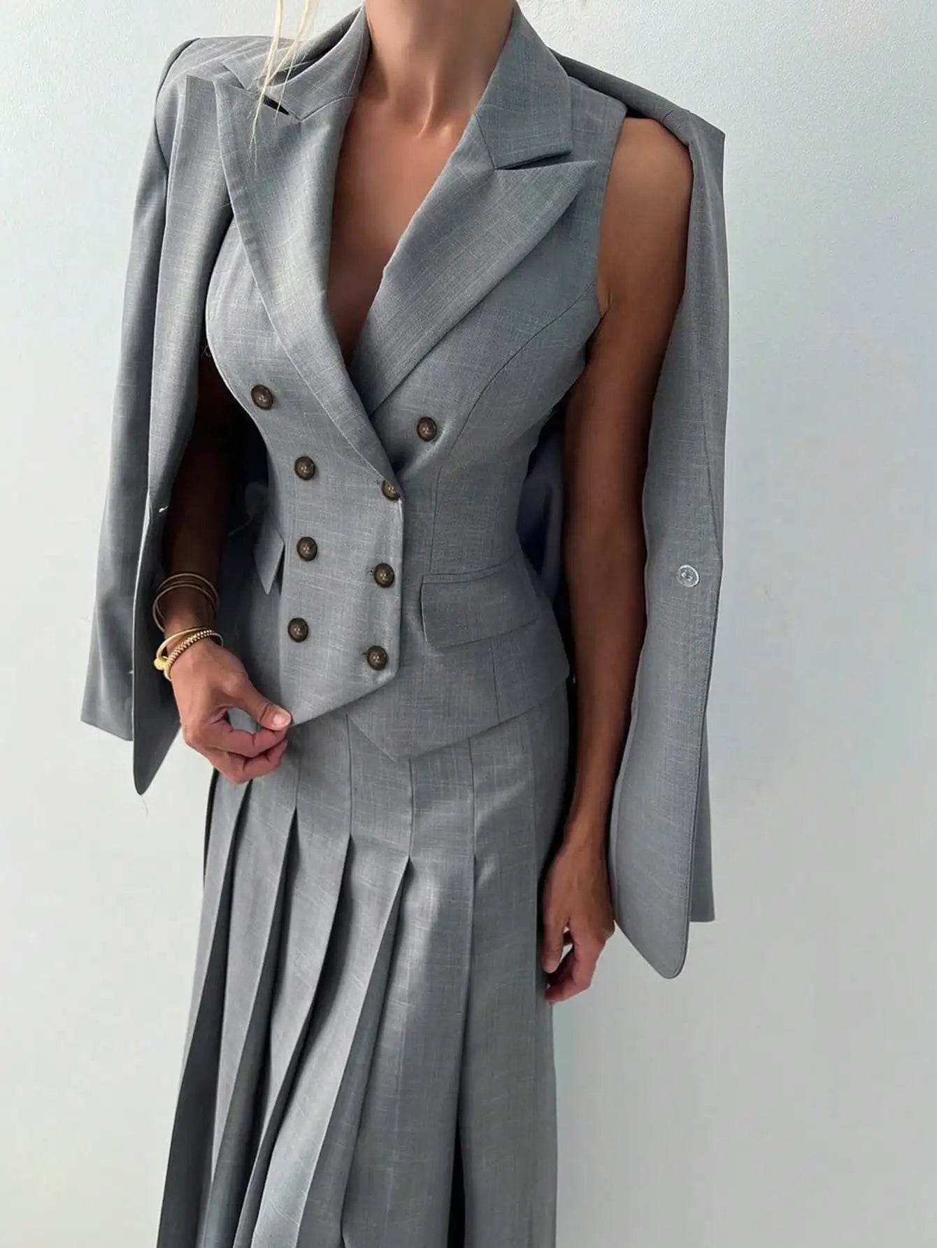 3pcs Women Elegant Work Casual Business Suit Set: Fitted Vest for Spring/Summer, Pleated Midi Skirt, Suitable for Office Lady - AIAZ