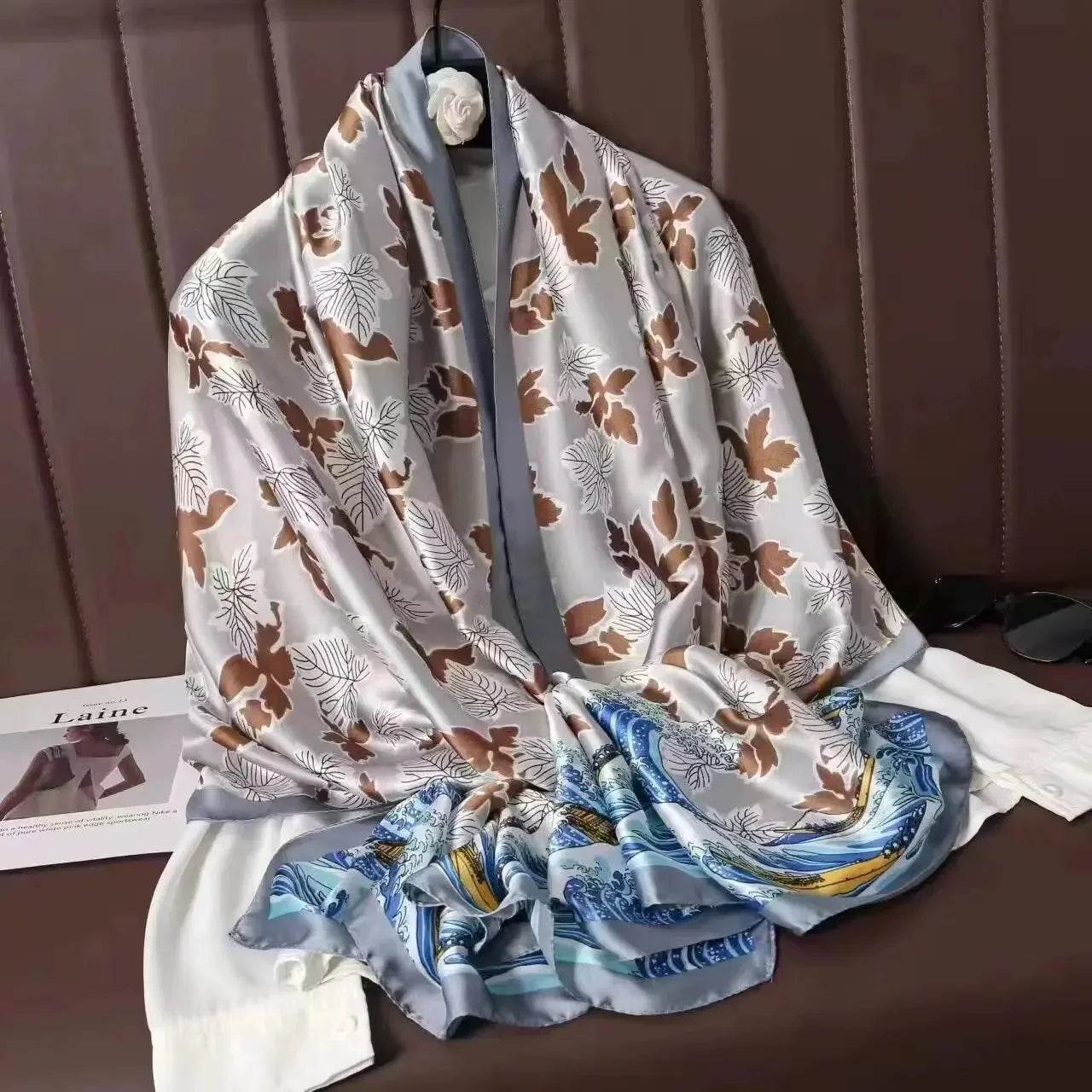 New Summer Women's Silk Scarf Sun Protection Satin Print Extra Long Beach Cover Up Decorative Mom's Shawl Fashionable Accessory - AIAZ