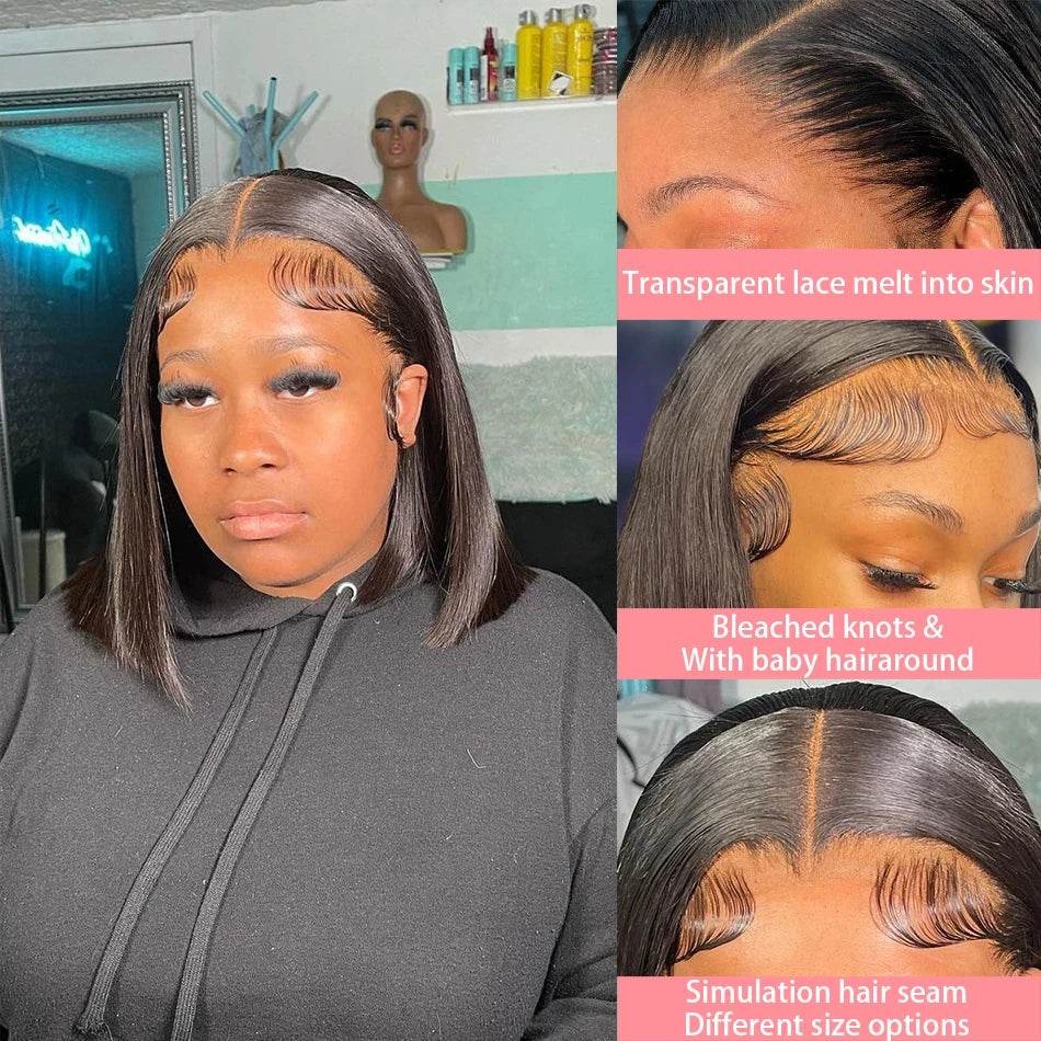 13x4 Straight Lace Frontal Bob Wig Human Hair Transparent 100% Human Hair 4x4 Lace Closure For Women Brazilian Wig 12 14 16 Inch - AIAZ