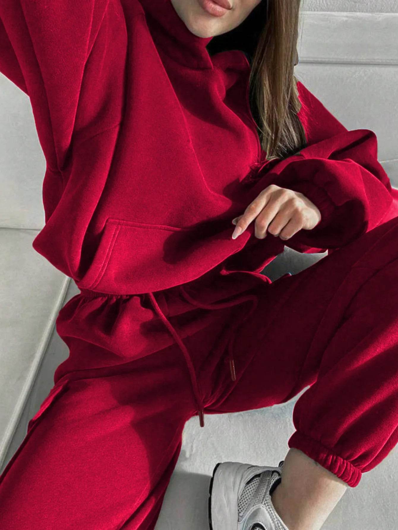 Hoodies Suit Winter Autumn Solid Casual Tracksuit Women Fleece 2 Pieces Set Sports Sweatshirts Pullover Jogger Sweatpants Outfit - AIAZ