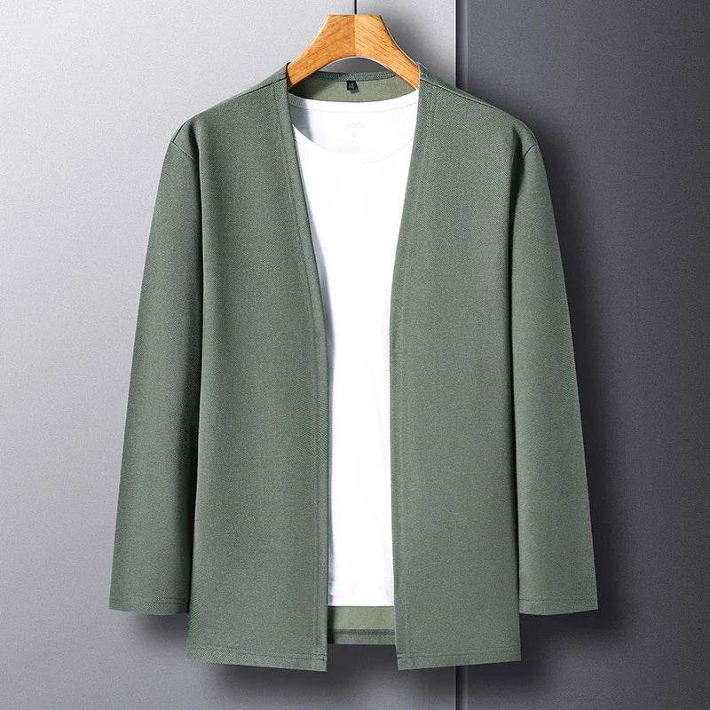 New Men's Casual Solid Color Long Sleeved Cardigan Cloak Spring and Autumn Fashionable Comfortable Top - AIAZ