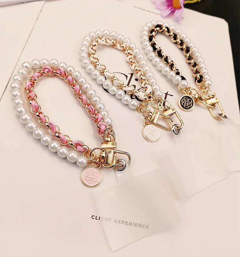 26cm Leather Pearl Camellia Mobile Phone Charm Bracelet Chain Anti-lost Universal Cell Phone Strap Rope Pendant Metal Key Chain