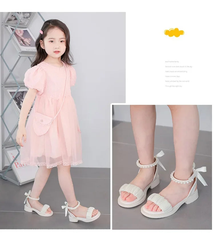 Children's Sandals Summer Elegant Girl Princess Dress Bowtie Sandals Fashion Beading Ankle Strap Kids Causal Sweet Roman Sandals