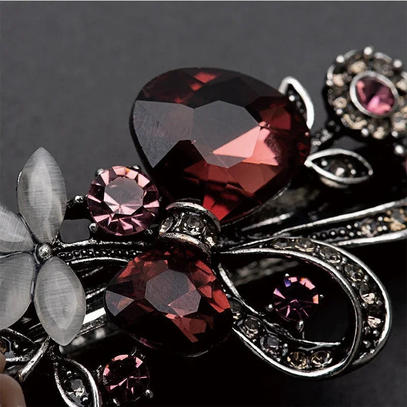 Red Crystal Flower Bow Spring Hairpin Vintage Ink Blue Rhinestone Horizontal Clip Top Clip Elegant Mom Fashion Hairpin Korean