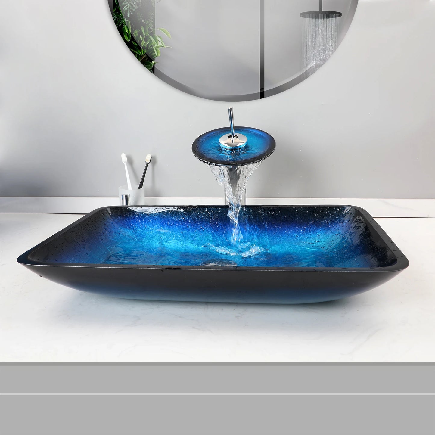 ZAPPO Tempered Glass Bathroom Vessel Sink with Waterfall Black Faucet Tap Bathroom Oval Blue Vessel Sinks Above Counter Basin