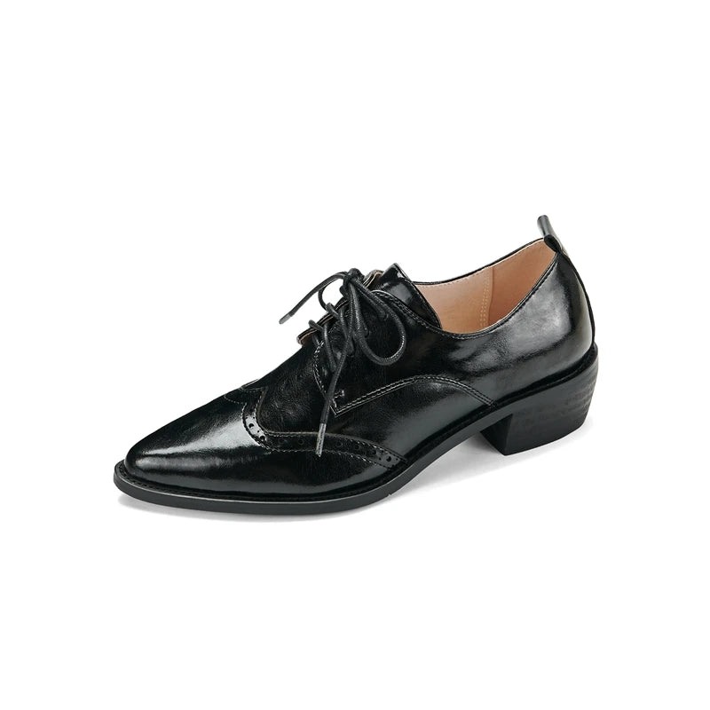 2025 Women's European and American New Spring and Autumn Pointed Leather Lace up Middle Heel Retro Blake Lefu Single Shoes