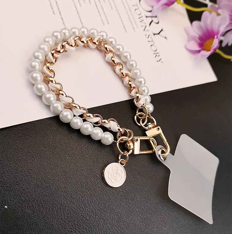 26cm Leather Pearl Camellia Mobile Phone Charm Bracelet Chain Anti-lost Universal Cell Phone Strap Rope Pendant Metal Key Chain