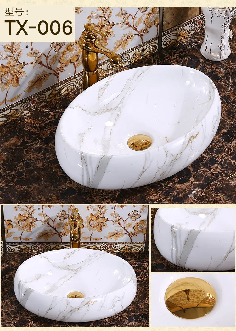 Marble Pattern Oval Bathroom Sink Home Stylish and Simple Ceramic Washbasin Hotel Balcony Countertop Art Basin for Washroom