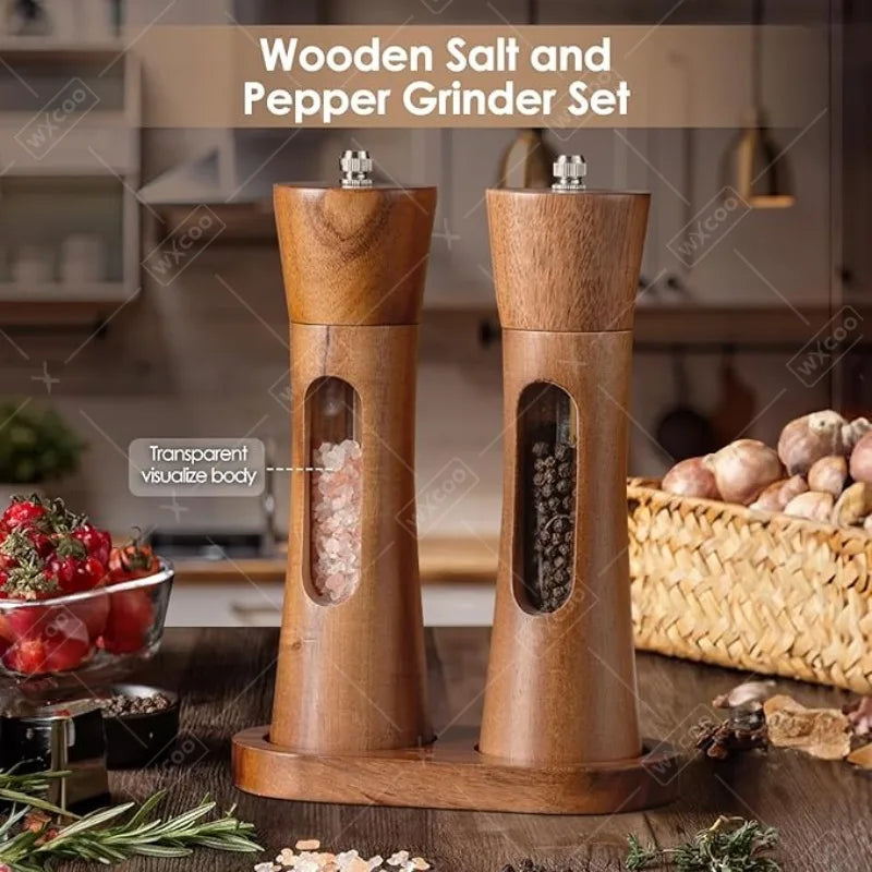Wood Pepper Grinder Shaker Adjustable Ceramic Core Grinding Bottle with Base Wood Salt Pepper Mills for Kitchen Cooking BBQ