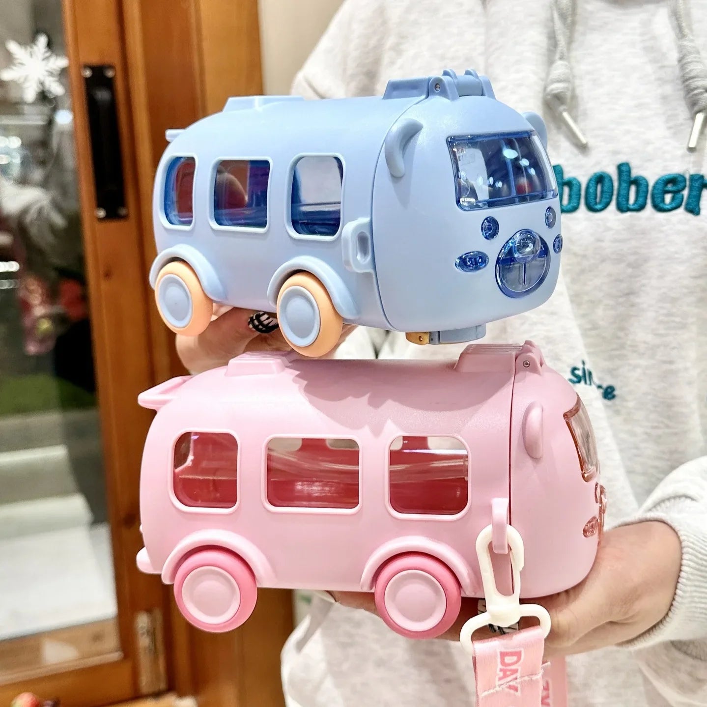 Baby Cute Panda Bus Portable Water Bottle with Shoulder Strap Kid Car Straw Water Cup Children's Water Bottle Drinking Cup