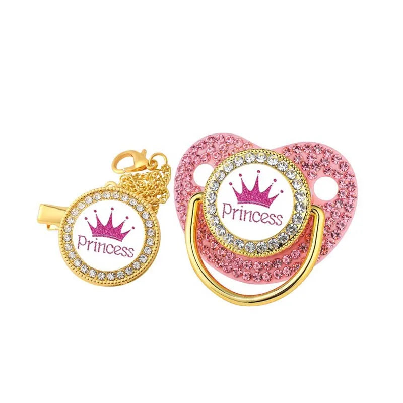 All Zircon Baby Pacifier Chain Clips Set Gold Crown Princess Prince Pacifiers Holder Silicone Nipple Luxury Infant Shower Gifts