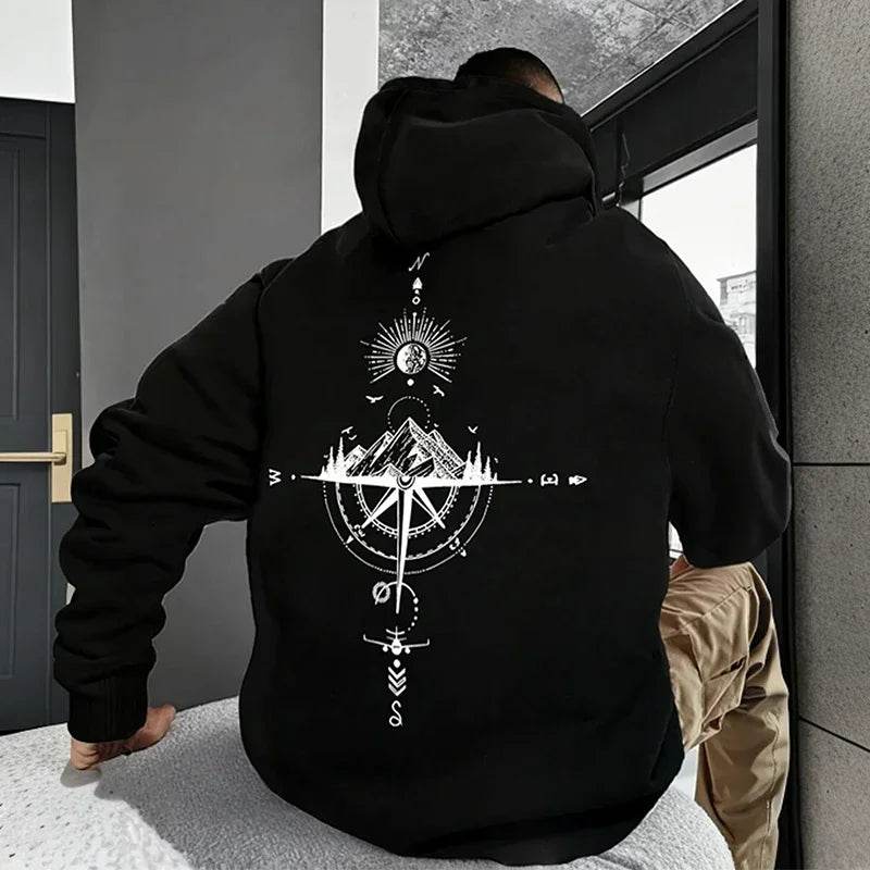 Vintage Compass Print Hoodies for Men High Quality Hooded Long Sleeve Pullover All Season Daily Casual Sports Tops Men's Clothes - AIAZ