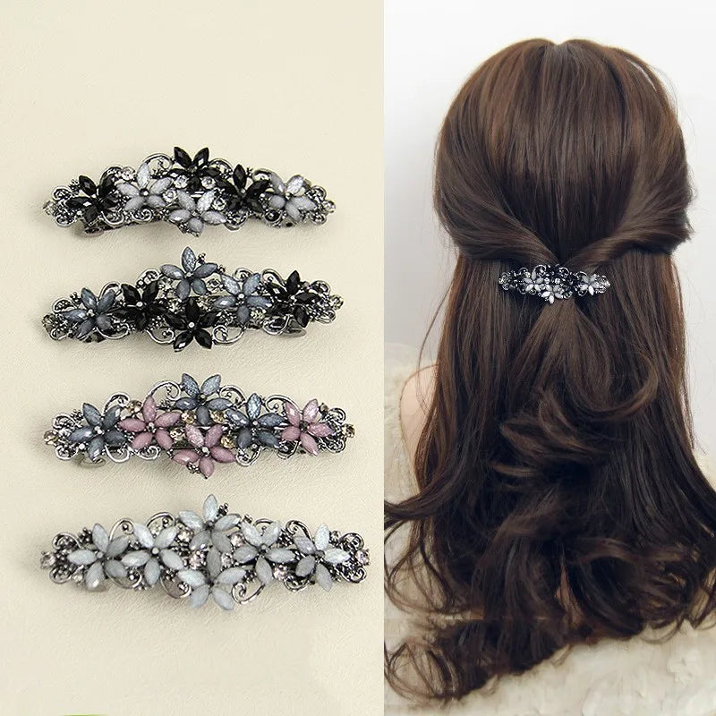 The new Korean version of the crystal flower spring hairpin elegant rhinestone wild ponytail hairpin women's hair accessories