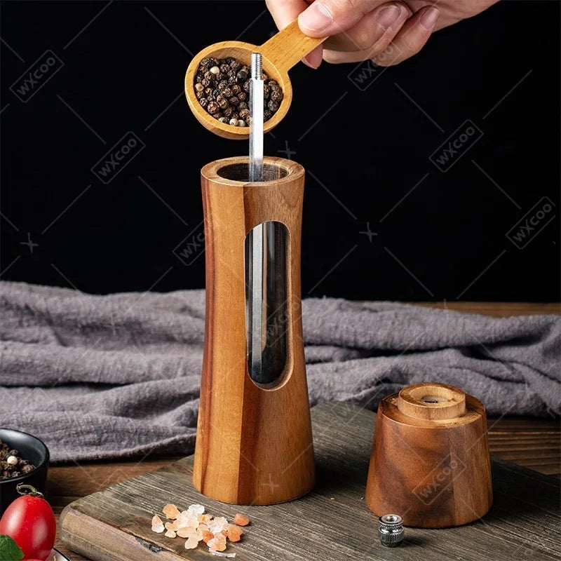 Wood Pepper Grinder Shaker Adjustable Ceramic Core Grinding Bottle with Base Wood Salt Pepper Mills for Kitchen Cooking BBQ