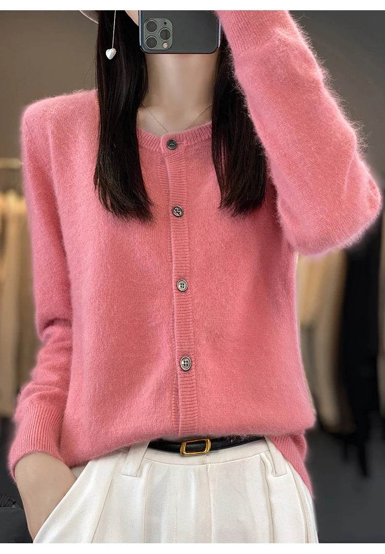 Women's Cardigan 100% Mink Cashmere Sweater,O-Neck Long Sleeve Top,Plus-Size Loose,Spring and Autumn Soft Knitted Jacket Female - AIAZ