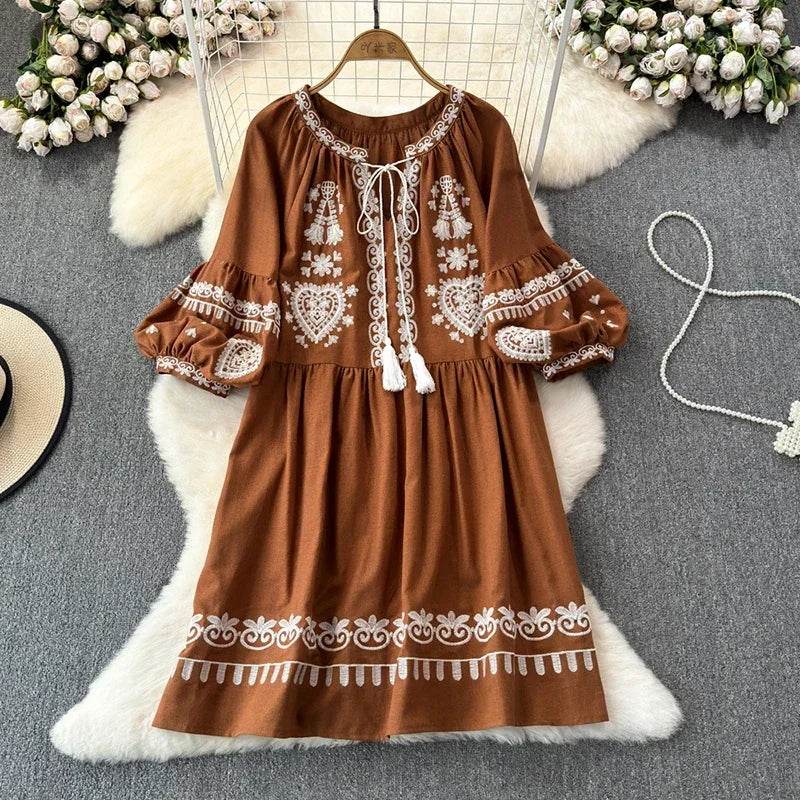 Women's Spring Summer Dress Bohemian Retro Ethnic Style Diamond Cotton Linen Blend Embroidered Lantern Sleeves Mini Dress A20 - AIAZ