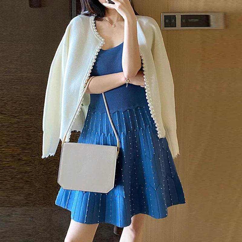 Women Casual Cardigan Sweater Elegant Long Sleeve Knit Sweater With Pearls Elegant White Sweater Coat Jacket - AIAZ