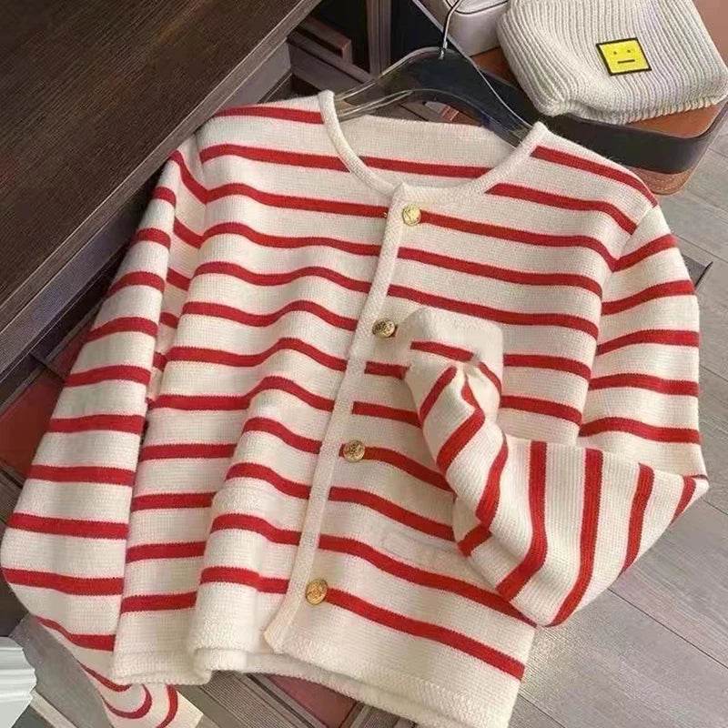 Women Stripe Knitted Cardigans Spring Autumn O-neck Single Breasted Long Sleeve Crop Tops Fashion Casual Chic Female Sweaters - AIAZ