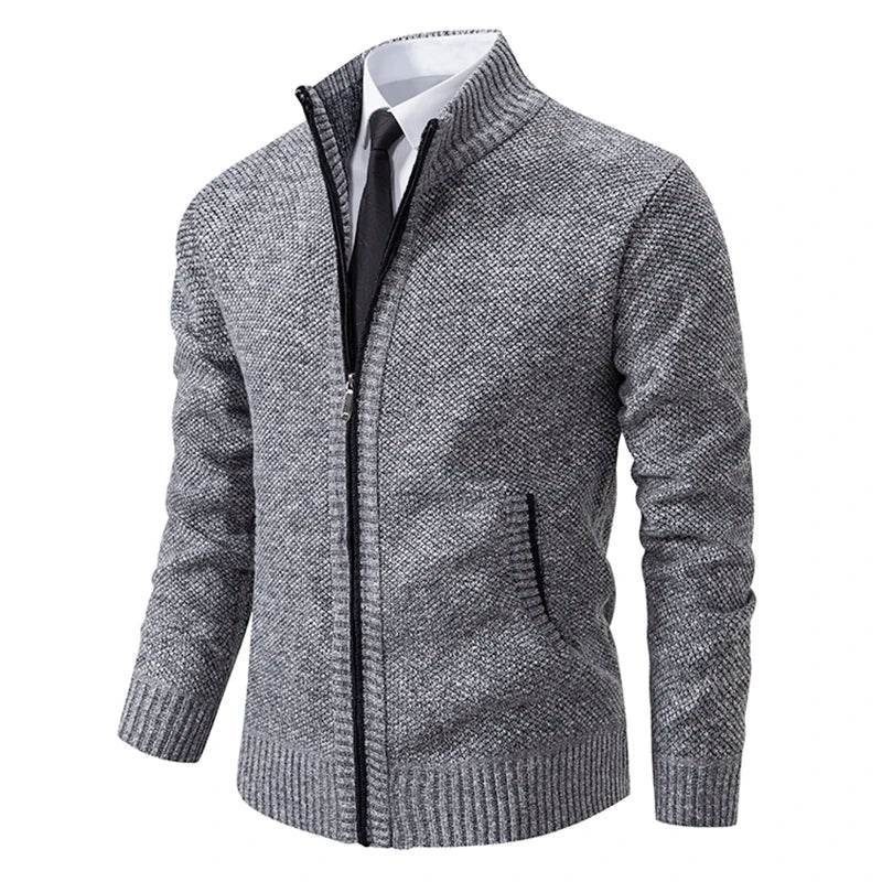 Autumn And Winter New Jersey Men's Casual Sports Coat Solid Color Stand Collar Wweater Grab Fleece Warm Zipper Cardigan - AIAZ