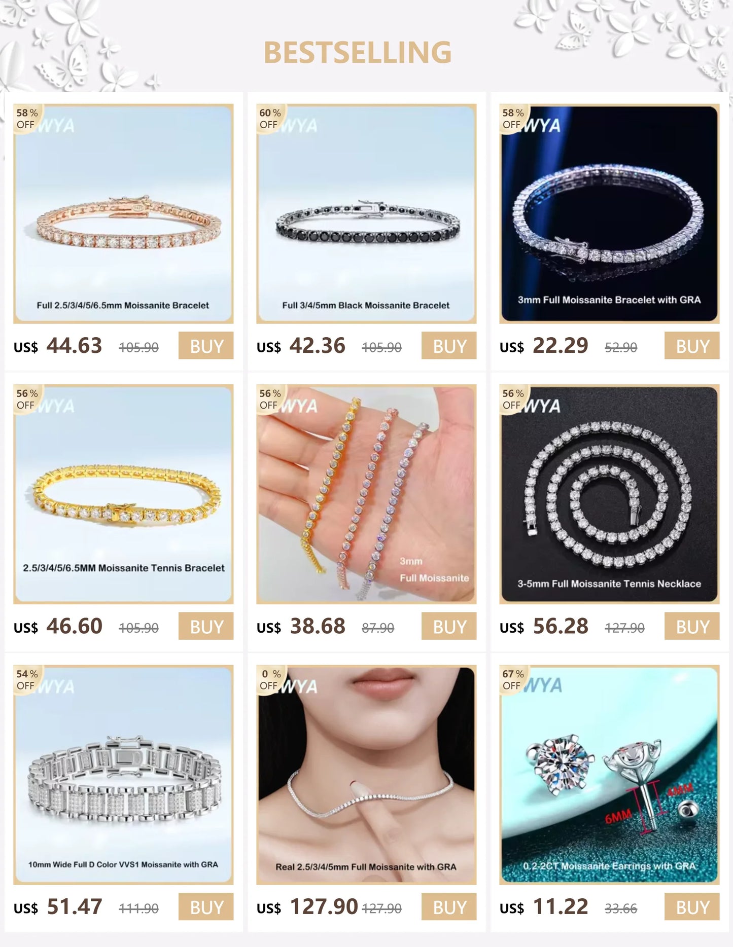EWYA Luxury Bubble 2/3mm D Color Full Moissanite Tennis Necklace for Women S925 Silver Plated 18K Diamond Neck Chain Necklaces