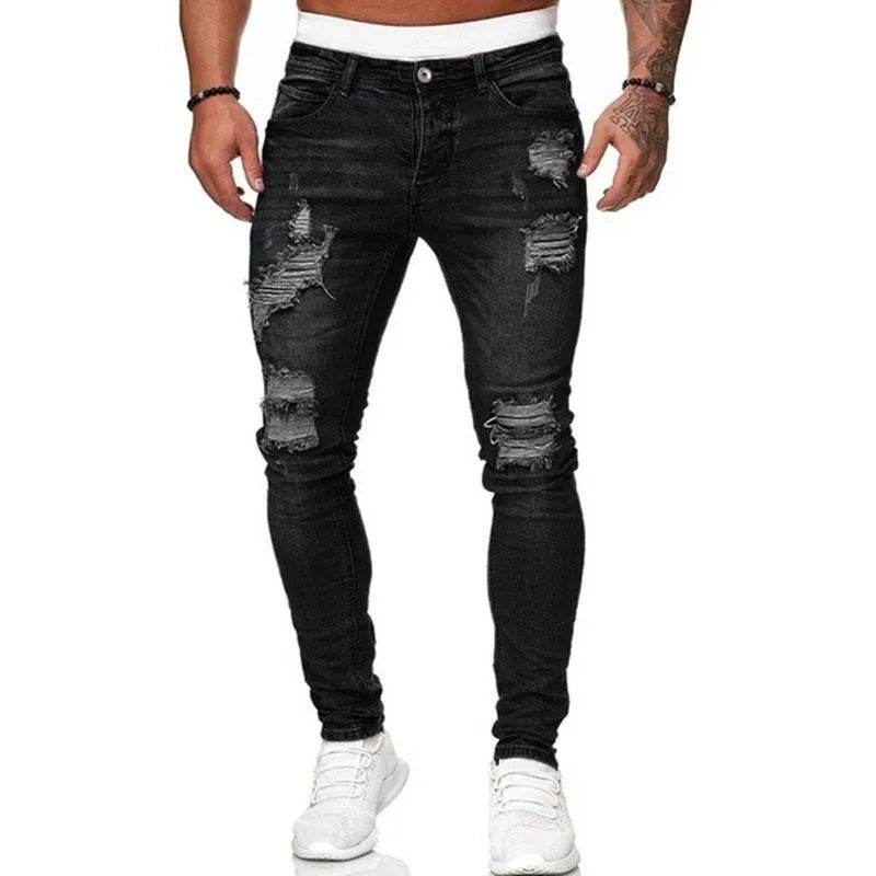 Fashion Street Style Ripped Skinny Jeans Men Vintage wash Solid Denim Trouser Mens Casual Slim fit pencil denim Pants hot sale - AIAZ