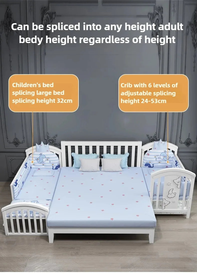 2025New Solid Wood Baby Crib Movable Splicing Bed Multifunctional Baby Rocking Bed Adjustable Guardrail Height with Mosquito Net