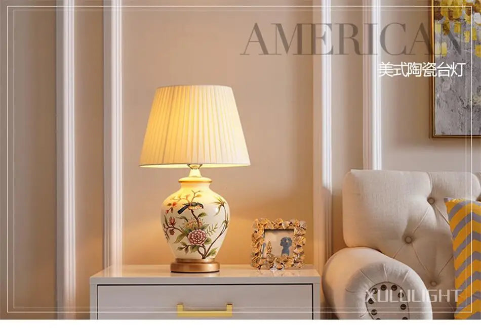 European Style Ceramic Desk Lamp Flower And Bird Painted Decorative Table Lamp Bedroom Room Bedside Table Lamp Lighting Fixture