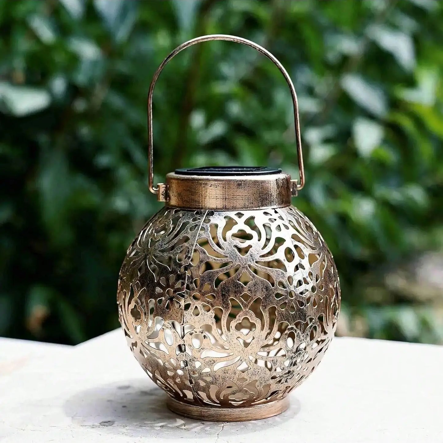 LED Outdoor Solar Hanging Lantern Lights Waterproof Tabletop Solar Lights with Handle Moroccan Lanterns Metal Decorative Garden