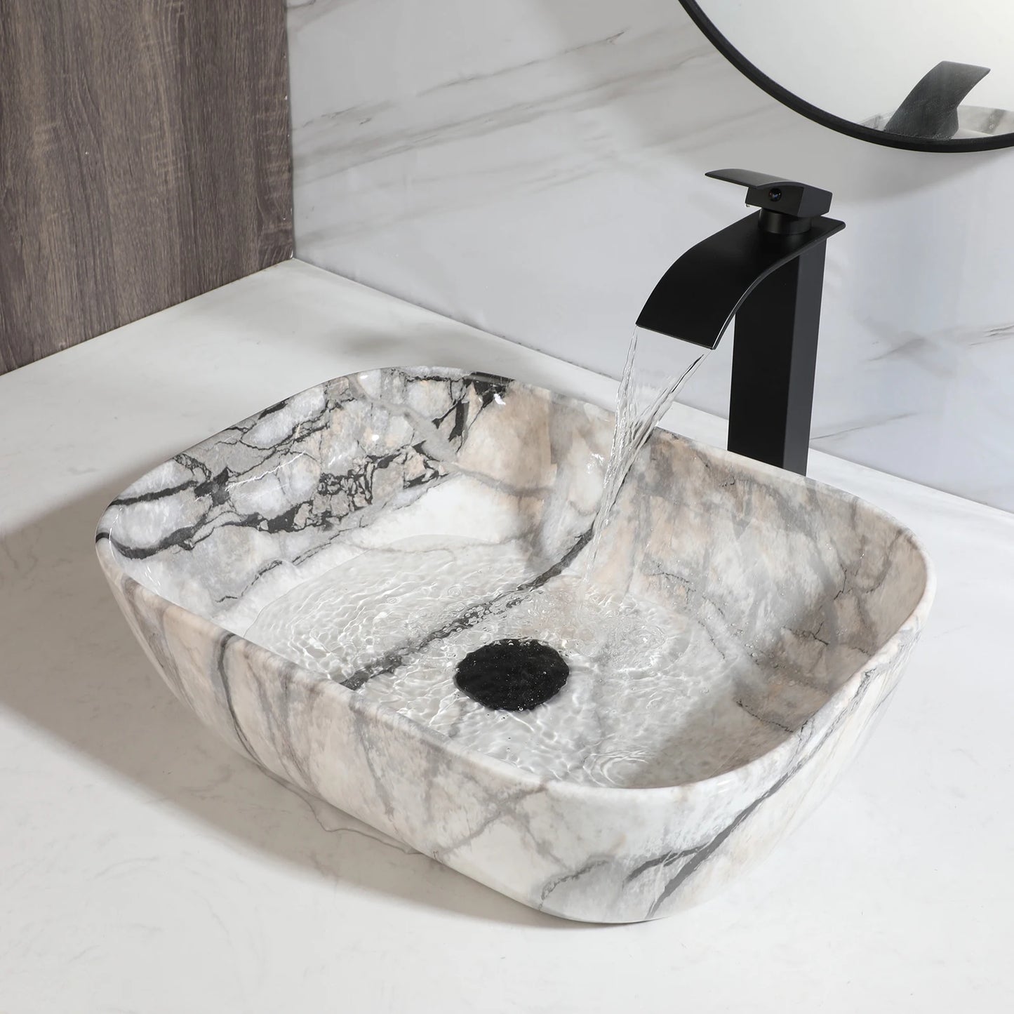 JIENI Bathroom Marble Style Vessel Sink Set Square Ceramic Basin Bowl Sink Black Faucets High-end European Modern Washbasin