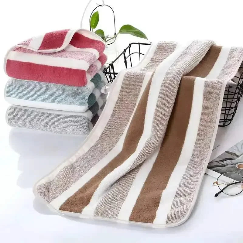 2PCS Thickened Absorbent Bath Towel Striped Pattern Towel Set Soft Face Towel for Home Bathroom Spa Quick Drying Microfiber