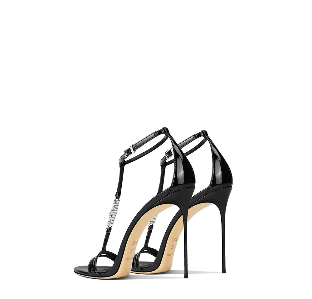 Thin high-heeled sandals summer new rhinestone T-band patent leather shoes banquet large size small size low-heeled women's shoe
