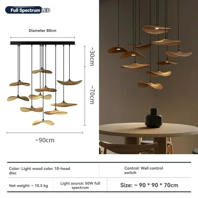 Japanese Lotus Leaf Chandelier Wabi Sabi Solid Wood Lamp Living Dining Room Zen Tearoom Villa Duplex Kitchen Island Linear Light