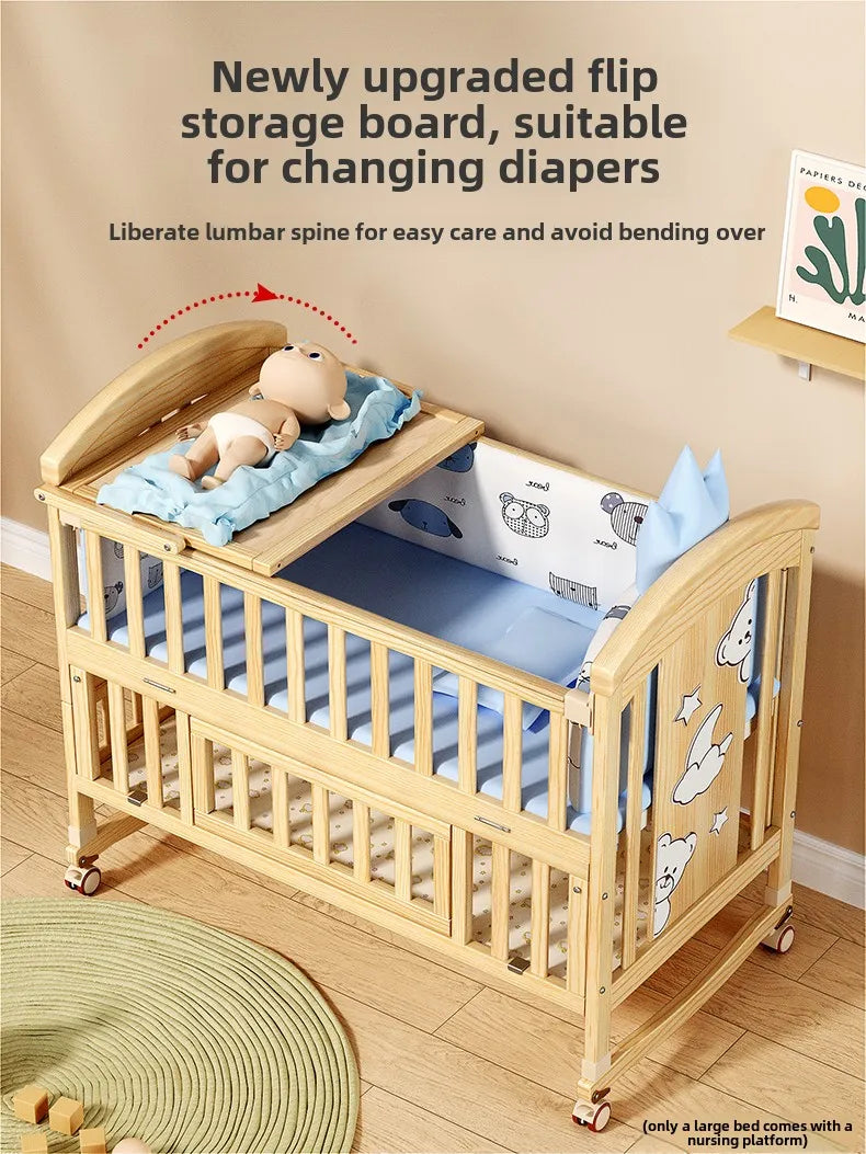 Crib Solid wood newborn baby cradle Multifunctional paint-free movable children's splicing bed air mattress 103 cm long