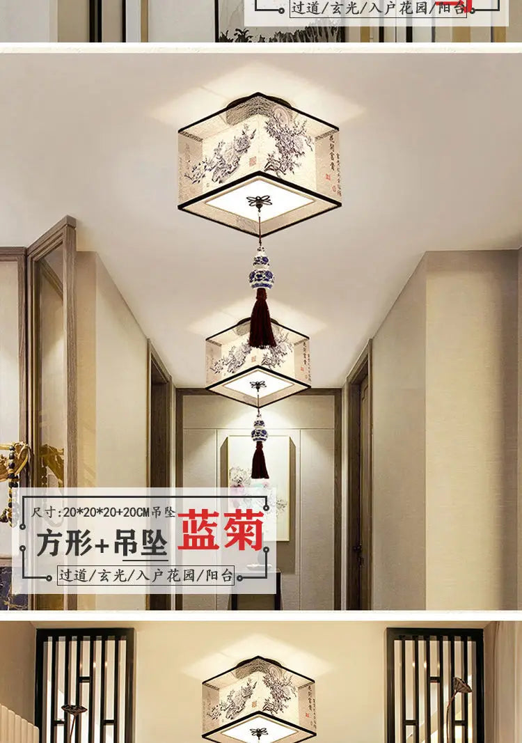 New Chinese Chandelier Lustre Ceiling Lamp Simple Corridor Chinese Painting Ceiling Lights Creative Suspendu Lotus Led Lighting