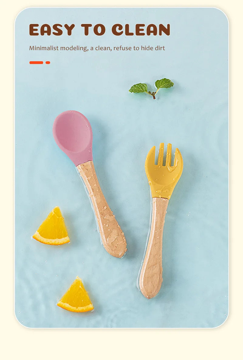 Custom Name Personalized Baby Bamboo Fork Silicone Wooden Feeding Spoon Toddlers Infant Feeding Accessories Organic BPA Free