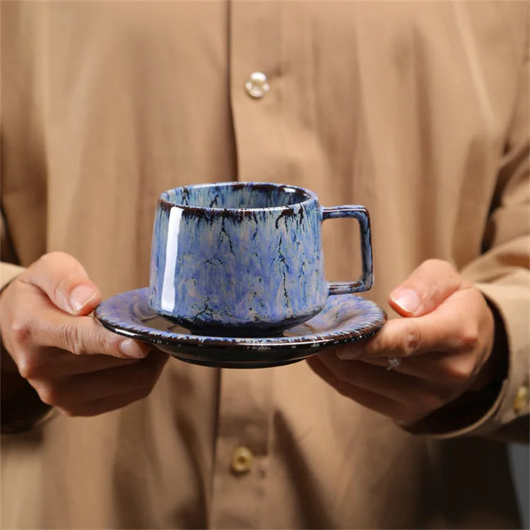 180ML Japanese Espresso Cup and Dish Kiln Transformed Ceramic Cup Retro Coarse Ceramic Mug Living Room Decoration