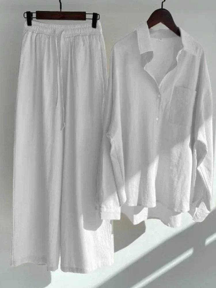 Pants Set Women Shirts Wide Leg Elastic Waist Cotton Linen Casual Sets Elegant Loose Long Sleeve Lapel Spring Shirt Y2k Suit - AIAZ