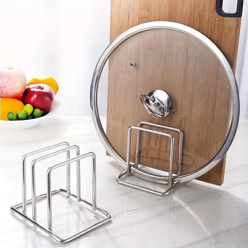 1pc Space-Saving Stainless Steel Pot Lid and Cutting Board Organizer Combo - Heavy-Duty Countertop Rack, kitchen organizer