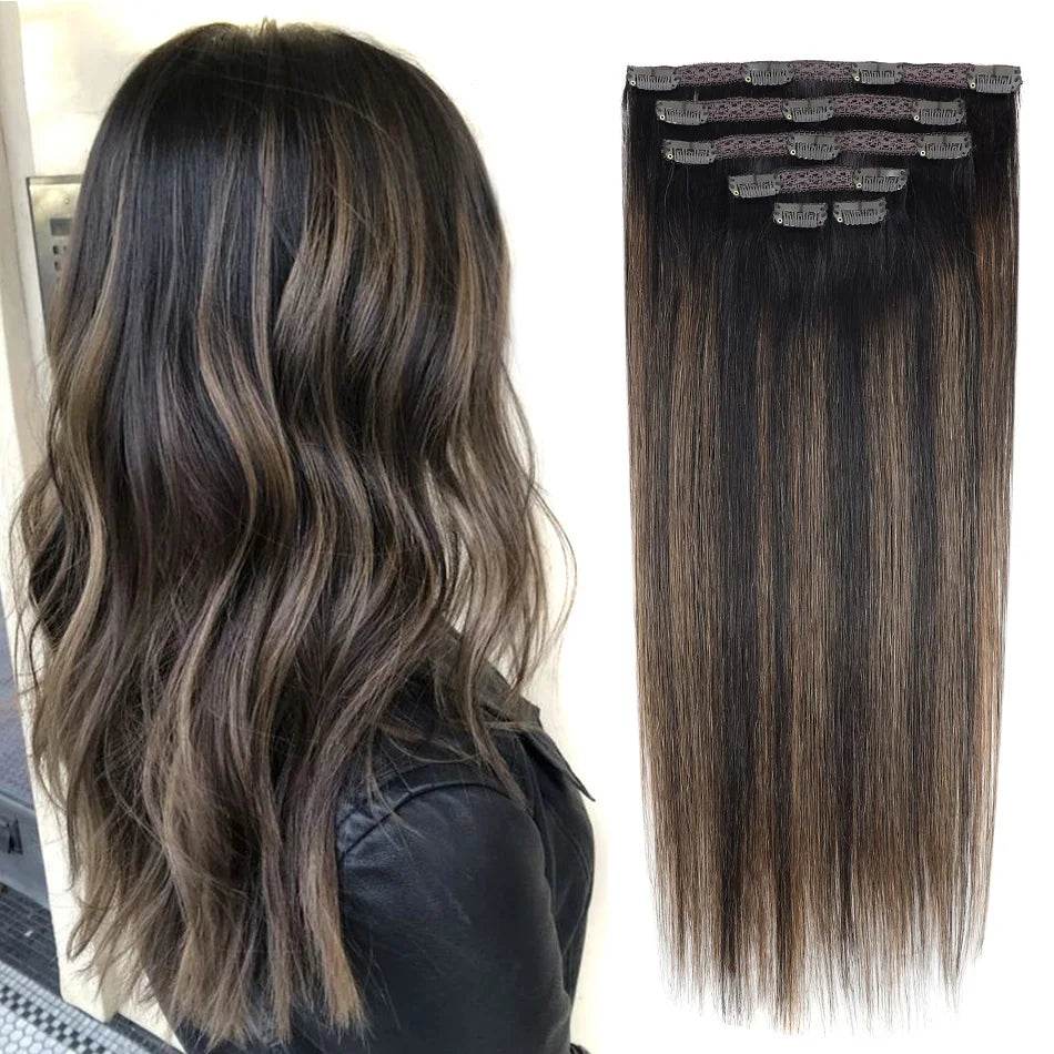BHF Clip in Hair Extensions Human Hair Straight Remy Hair Natural Black Light Brown Honey Ombre Hair Extensions With Clips 70g - AIAZ