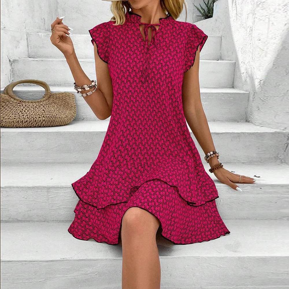 2024 Elegant Women's Casual Loose Ruffle Mini Dress Bohemian Printed V-neck Lace-up Small Flying Sleeve Dresses For Women - AIAZ