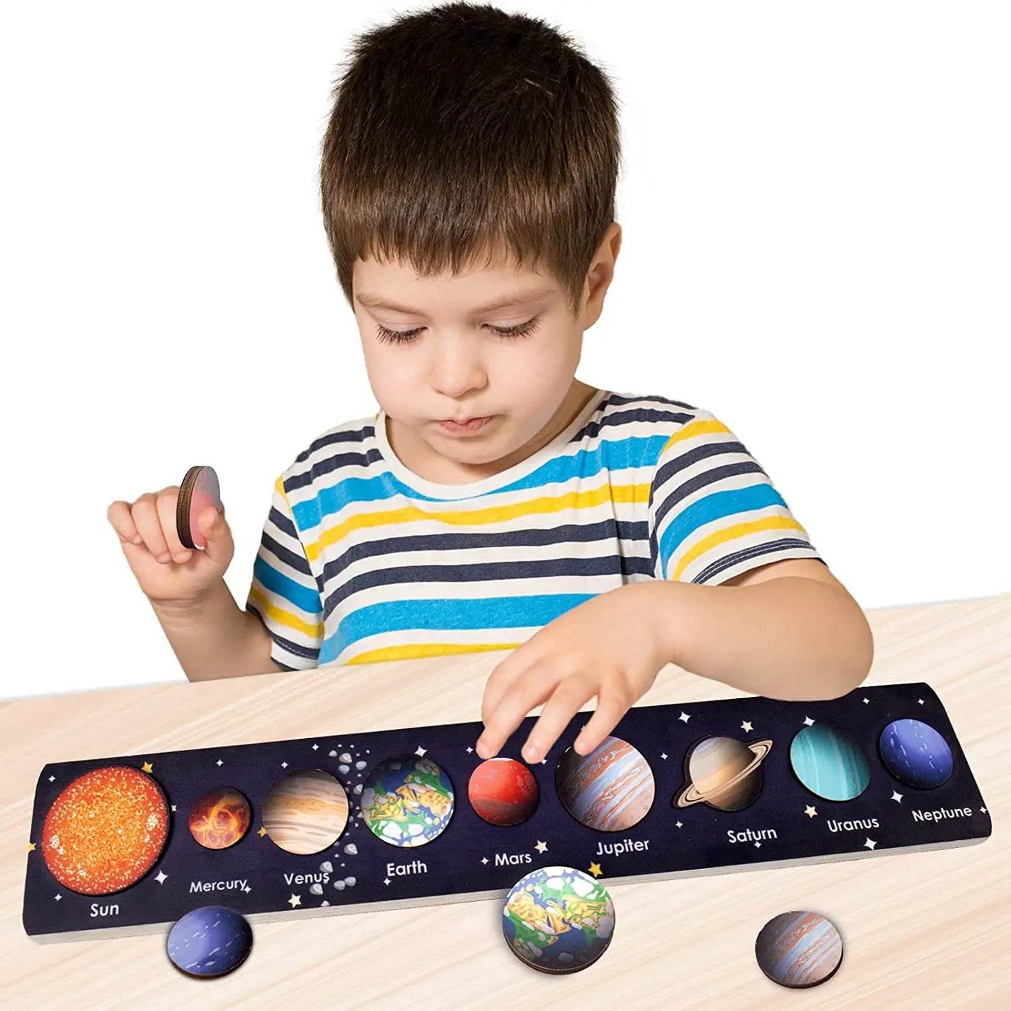Children Wooden Space Planet Puzzles Montessori Toys Planet Matching Game Jigsaw Tray Universe Solar System Science Learning Toy - AIAZ