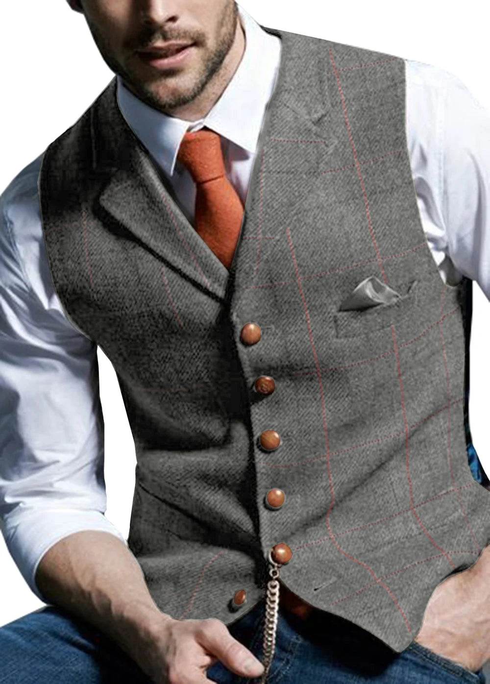Men's Vests Tweed Suit Business Clothing for Men Striped Waistcoat Punk Vest Groomman Wedding Brwon Black Grey Jacket Bleazer - AIAZ