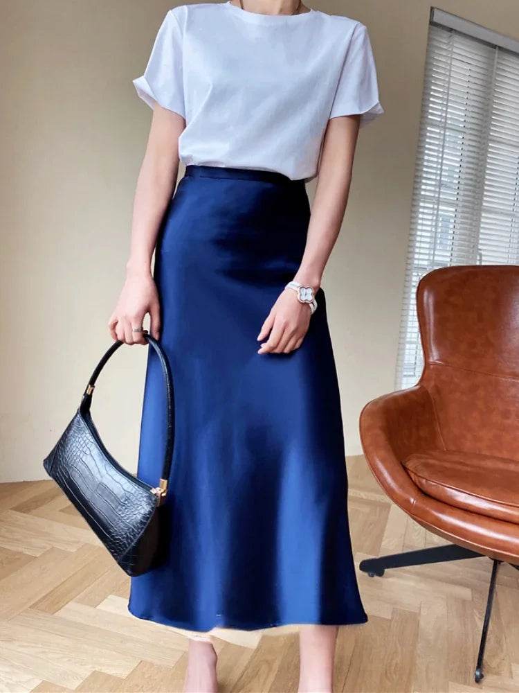 High Waisted Satin Long Skirts for Women Spring/Summer New 2025 Women's Skirt A-line Fashion Elegant Slim Fit Grey Black Skirt - AIAZ