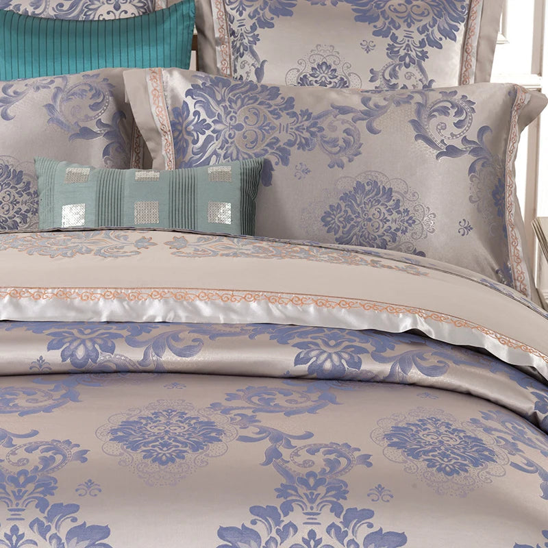 Sliver Gold Luxury Silk Satin Jacquard duvet cover bedding set queen king size Embroidery bed set bed sheet/Fitted sheet set
