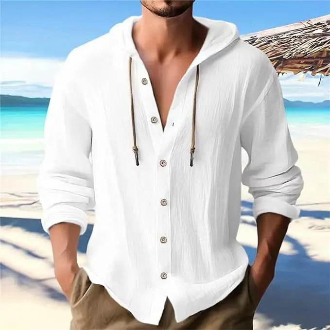 Men's T-shirt Long-sleeved Hooded Cotton Linen Buttons Basic Casual Street Fashion Top Streetwear Tees - AIAZ