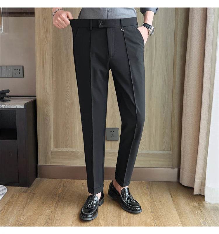 Men's business casual trousers, daily formal work pants, 2024 new high quality, plain color versatile ankle-length trousers. - AIAZ