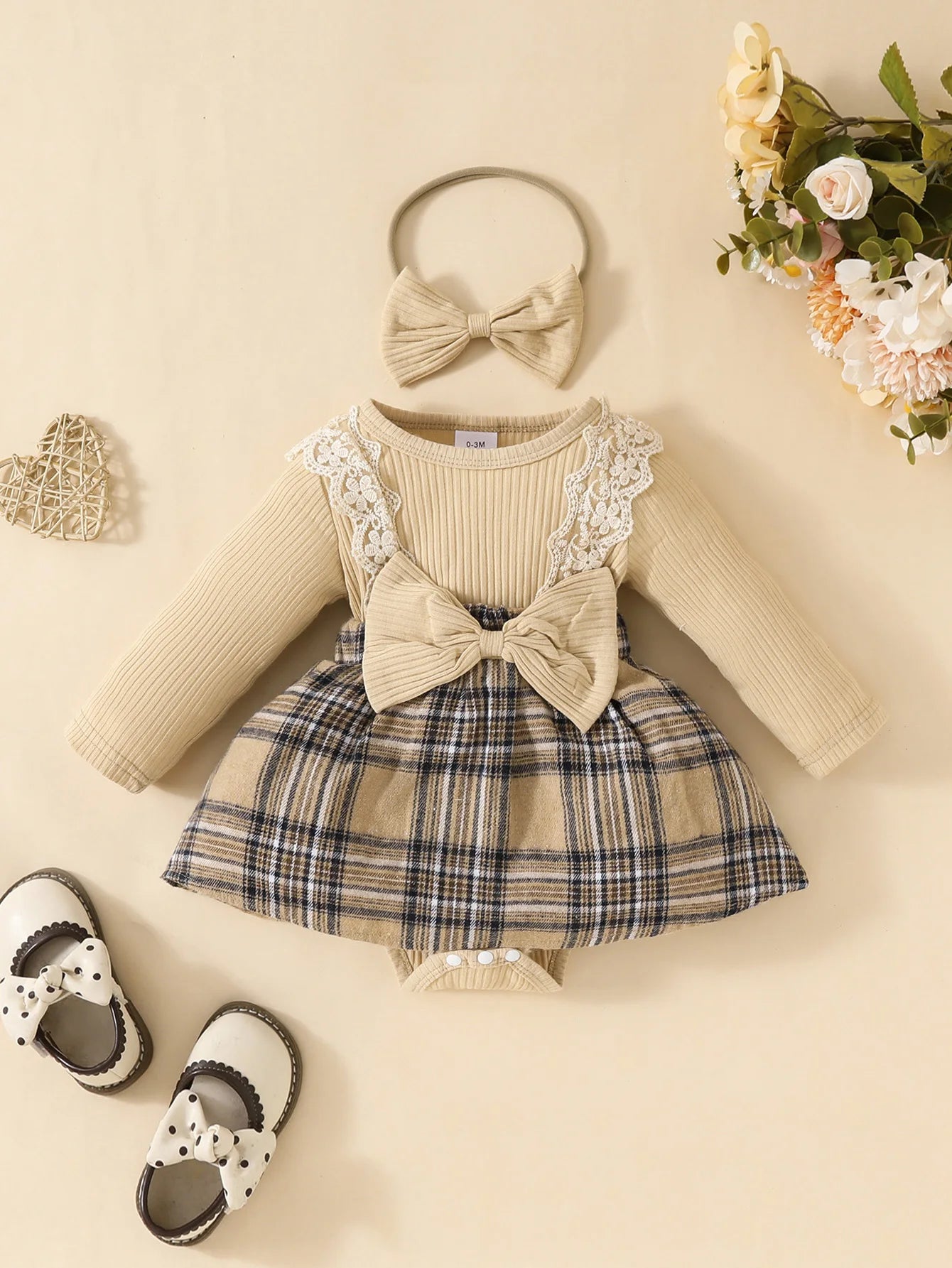Baby Gilrs Long Sleeve Autumn/Winter Plaid With Bow Honey Jumpsuit For Newborn-18M Vacation Wear +Headband